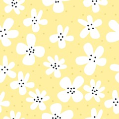 Seamless pattern with cute white flowers on yellow background 