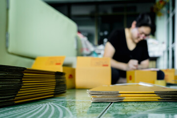 Cardboard box with blur wife house working online e-commerce shopping. Young woman seller prepare parcel box of product for deliver to customer. Online selling,