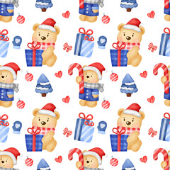 Seamless pattern with  bears and christmas decoration in watercolor style.