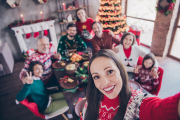 Self-portrait of attractive big full cheerful family meeting eating homemade lunch celebrating party at home indoors