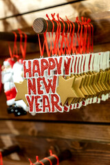 Christmas tree decoration. Text happy new year. Christmas market. Interior design