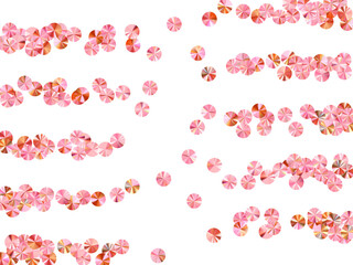 Peach gold tinsels confetti scatter vector composition. Birthday anniversary greeting card background. Round flickering tinsel particles party glitter. Birthday celebration confetti.