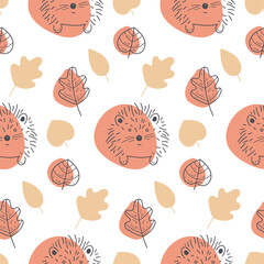 Vector autumn seamless pattern  on a light background. A hedgehog, autumn leaves and branches. Flat and doodle. Orange, yellow and grey-blue. Suitable for cards,  invitations, paper and others