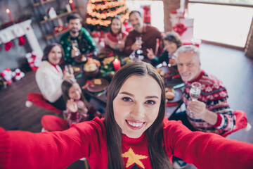 Fototapeta na wymiar Photo portrait young woman wearing sweater celebrating winter holidays with family in decorated apartment taking selfie