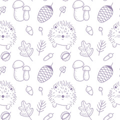 Vector autumn seamless pattern  on a light background. A hedgehog, acorns, cones, mushrooms, autumn leaves and branches. Grey-blue doodle. Suitable for cards,  invitations, paper and others