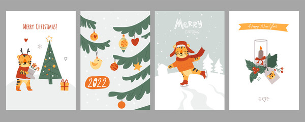Set of Christmas cards. Merry christmas and happy new year. Cute, flat style. Vector illustration. Isolated