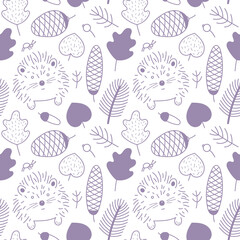 Vector autumn seamless pattern  on a light background. A hedgehog, an ant, acorns, cones, autumn leaves and branches. Grey-blue doodle. Suitable for cards,  invitations, paper and others
