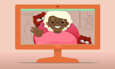 Vector computer illustration of a happy black grandmother with cats on video call