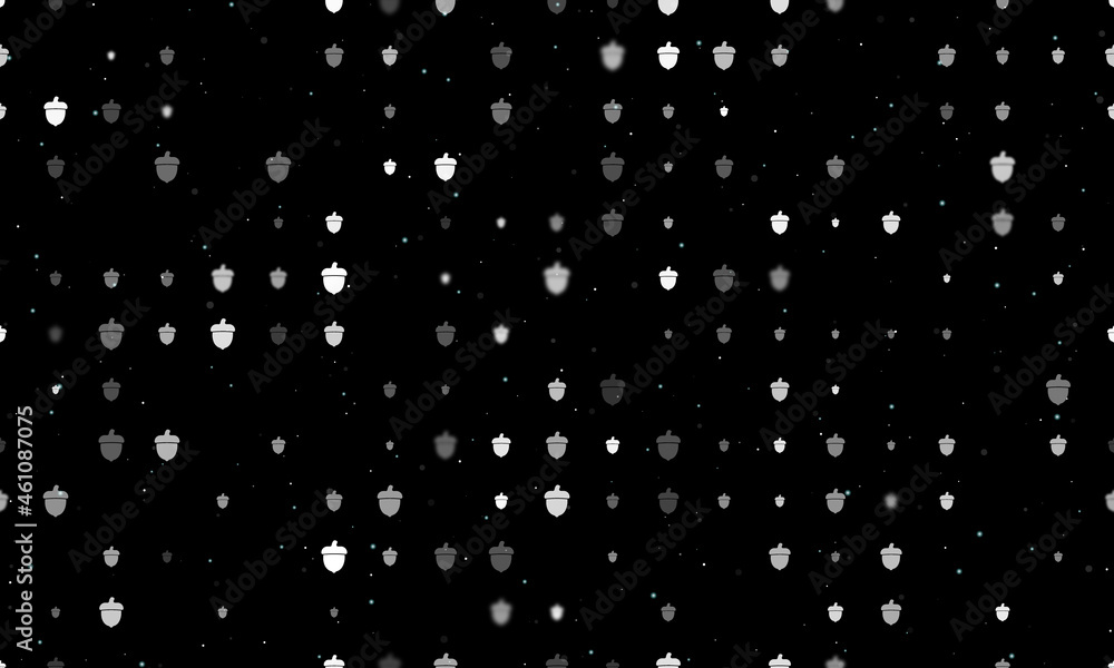 Poster seamless background pattern of evenly spaced white acorn symbols of different sizes and opacity. vec