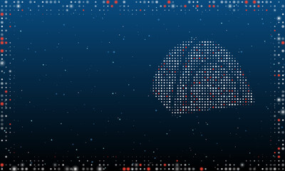 On the right is the tourist tent symbol filled with white dots. Pointillism style. Abstract futuristic frame of dots and circles. Some dots is red. Vector illustration on blue background with stars