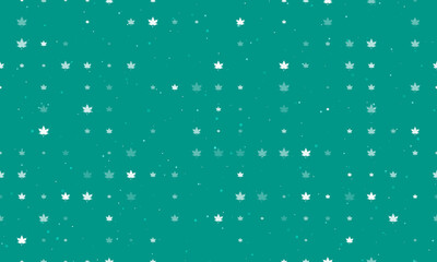 Seamless background pattern of evenly spaced white maple leafs of different sizes and opacity. Vector illustration on teal background with stars