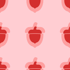 Seamless pattern of large isolated red acorn symbols. The elements are evenly spaced. Vector illustration on light red background