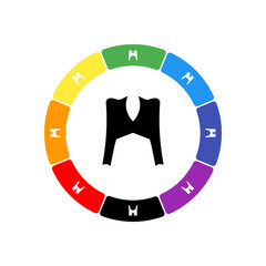 A large black women's jacket symbol in the center, surrounded by eight white symbols on a colored background. Background of seven rainbow colors and black. Vector illustration on white background