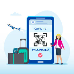 a passport and a smart phone with a certificate of vaccination against the Covid-19 disease. Health Passport concept. travel the world. Flat vector template Style Suitable for Web Landing Page.