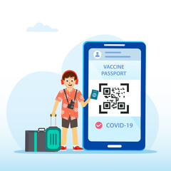 a passport and a smart phone with a certificate of vaccination against the Covid-19 disease. Health Passport concept. travel the world. Flat vector template Style Suitable for Web Landing Page.
