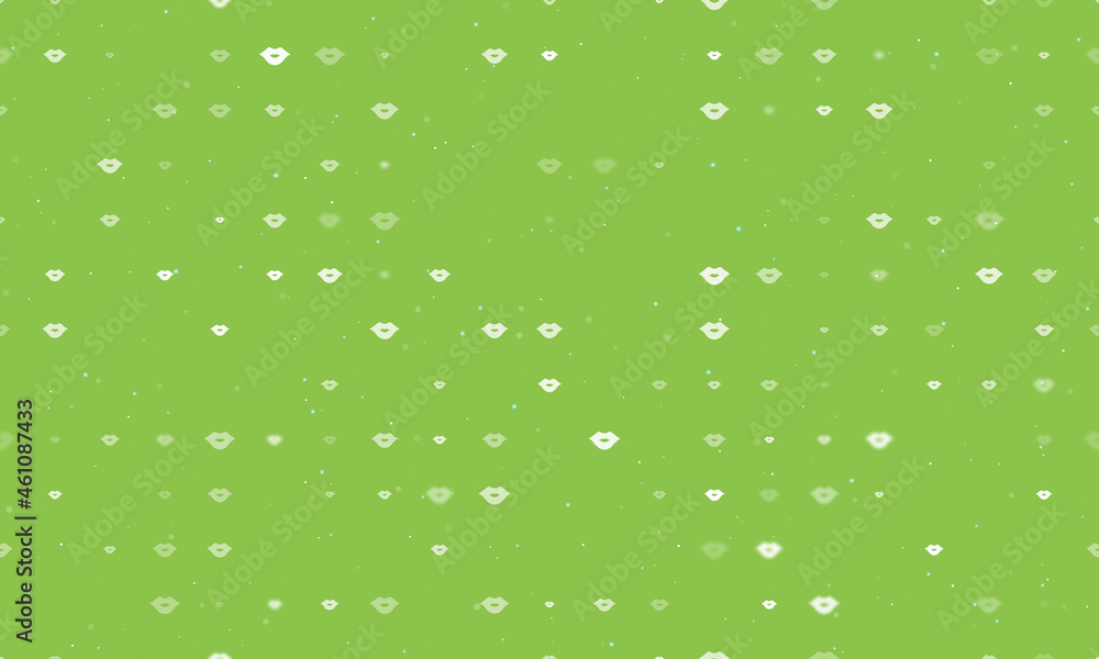 Poster Seamless background pattern of evenly spaced white lips symbols of different sizes and opacity. Vector illustration on light green background with stars