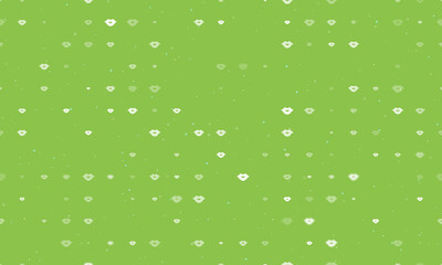 Seamless background pattern of evenly spaced white lips symbols of different sizes and opacity. Vector illustration on light green background with stars