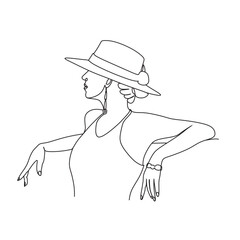 Woman with hat. Line art female hands with flowers. Abstract face with flowers  by one line vector drawing. Portrait minimalistic style. Botanical print. Nature symbol of cosmetics