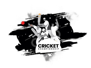 Cricket Player Team In Different Poses And Black Brush Stroke Effect On White Halftone Background.