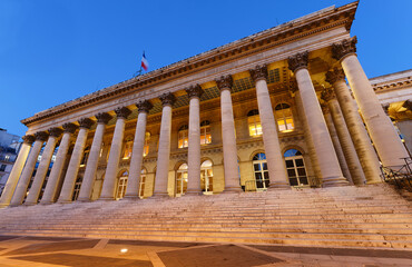 The Bourse of Paris- Brongniart palace at night,Paris, France.