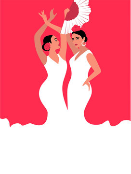 Illustration of two Spanish women dancing flamenco.A beautiful girl in a white dress with a fan.