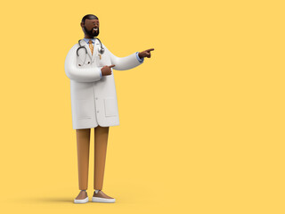 3d render. African cartoon character doctor gives recommendation. Medical clip art isolated on yellow background. Professional advice - obrazy, fototapety, plakaty