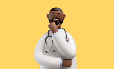 3d render. Happy doctor smiling and posing, african cartoon character avatar. Clip art isolated on yellow background - obrazy, fototapety, plakaty