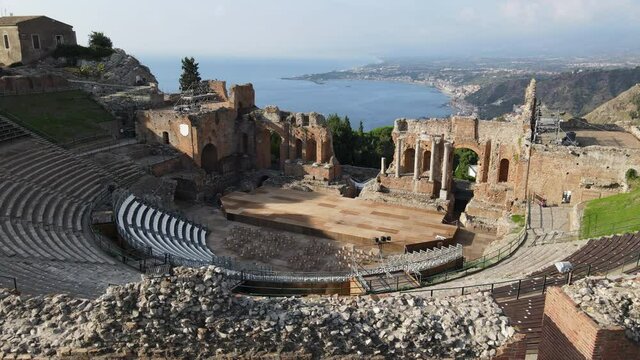 Stunning Aerial view of the Amphitheatre of Taormina, Sicily, Italy taken on sunny day.