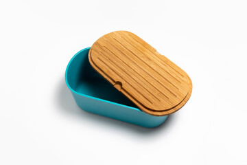 Plastic breadbasket with wooden lid isolated on white background. High-resolution photo.Mock-up - obrazy, fototapety, plakaty