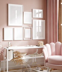 Home mock up, modern feminine living room interior background, 3d render