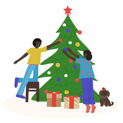 Merry Christmas greeting card. Happy African-American couple decorating the Christmas tree. Vector illustration for flyer, card and banner for website