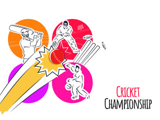 Cricket Championship Concept With Cricketer Players In Different Poses On Colorful Background.