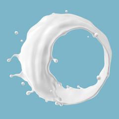 3d render, round milk splash. Abstract liquid clip art isolated on blue background. White paint splashing ring