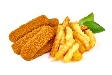Deep fried fish fingers with french fries, isolated on white background.
