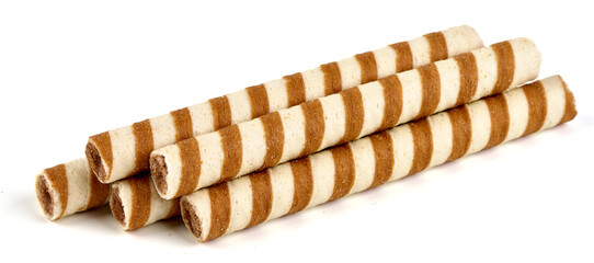 Tasty wafer roll sticks, isolated on white background.