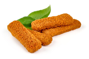 Breaded fish fingers, isolated on white background.