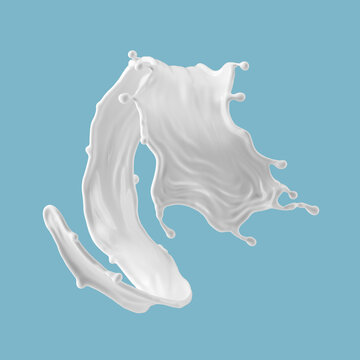 3d render, milk splash isolated on blue background. White paint splashing. Liquid wave clip art
