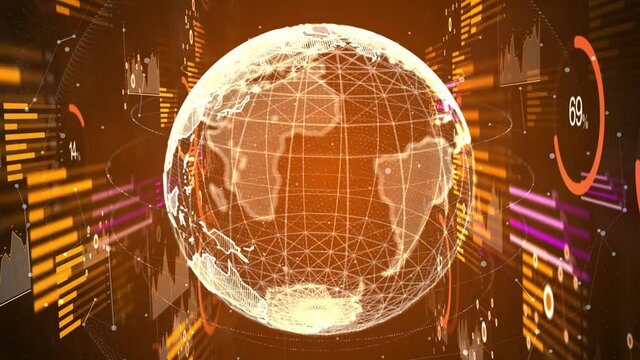 Growing business bar chart with digital World Map technology elements Loop Background. hi-tech Economy, global business and finance 3d chart 4K animation. financial and economy diagram concept.