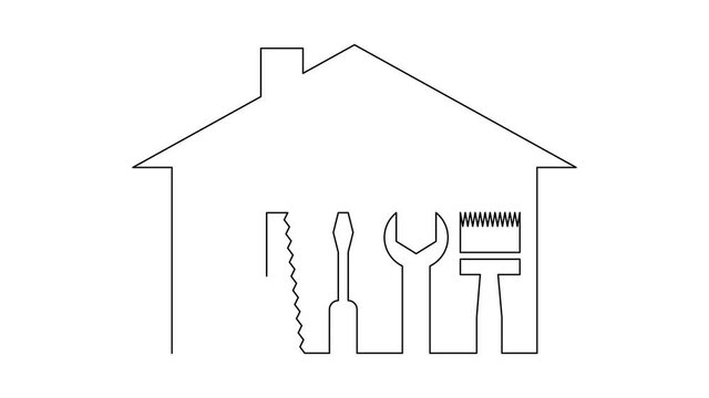 Silhouette of a house with tools for repair. Logo of Repair Home with red seal High Quality on the white background. Five stars.  Video. Mp4   