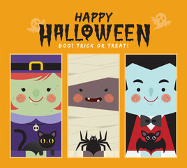 Obraz premium Cute witches, black cat, mummy, spider, vampire and bat. Halloween cartoon character flat design set for sticker, label, tag, bookmark, greeting card, graphic print, etc.