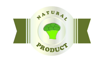 Label or sticker of organic food, fresh and natural broccoli cabbage product. Vector illustration for food market, e-commerce, restaurant, healthy living and food promotion