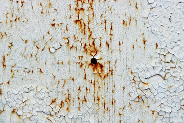 The texture of old peeling paint and bleached rust on a metal plate.