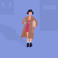 Girl with a square with coffee and a package in a raincoat goes shopping