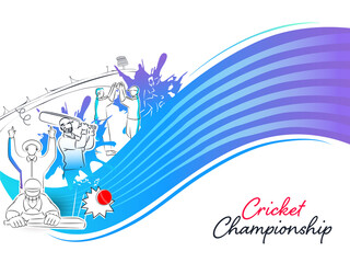Fototapeta na wymiar Linear Style Cricket Player Team In Different Poses And Abstract Wave On White Background For Championship Concept.