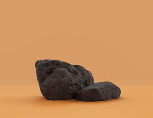 Isolated dark rocks in a yellow background for product displays with copy space, 3d Rendering