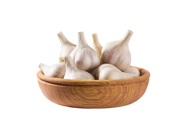 whole garlic bulbs in a wooden bowl isolated on white background. Full depth of field.