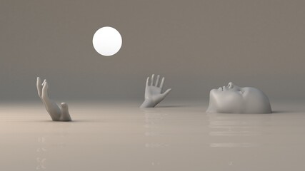 A woman floats on her back through muddy water looking at a luminous sphere 3d illustration in nft style with deep meaning in grey warm calm colors