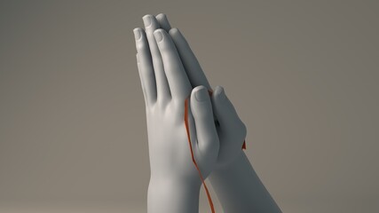 hands folded in a prayer gesture with a red ribbon 3d christian religion illustration with deep meaning in calm gray warm colors