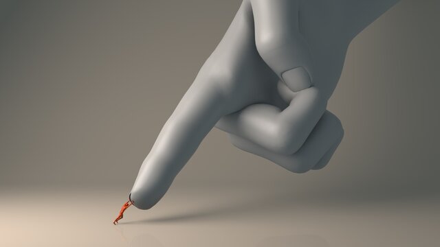 story about little red man confronts a huge heavy hand trying to crush him with a finger 3d illustration with deep meaning