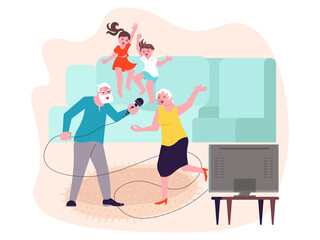Grandparents spending time with grandchildren singing with microphone